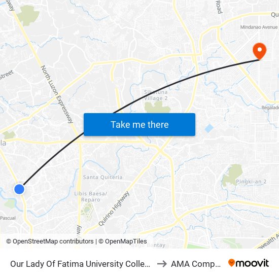 Our Lady Of Fatima University College Of Medicine, Macarthur Highway, Valenzuela City to AMA Computer College Fairview map