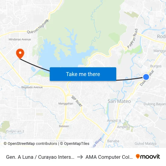 Gen. A Luna / Curayao Intersection, San Mateo to AMA Computer College Fairview map