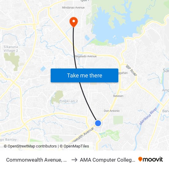 Commonwealth Avenue, Quezon City to AMA Computer College Fairview map