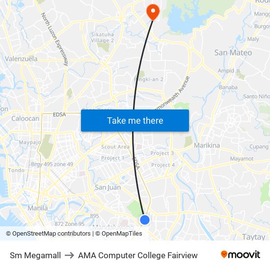 Sm Megamall to AMA Computer College Fairview map