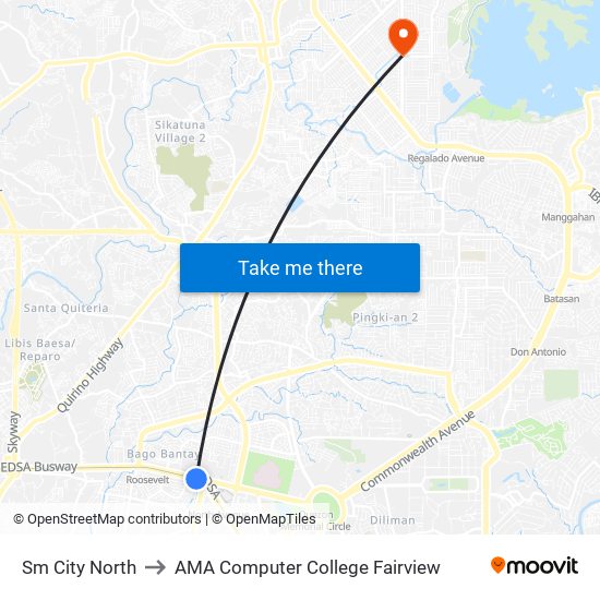 Sm City North to AMA Computer College Fairview map
