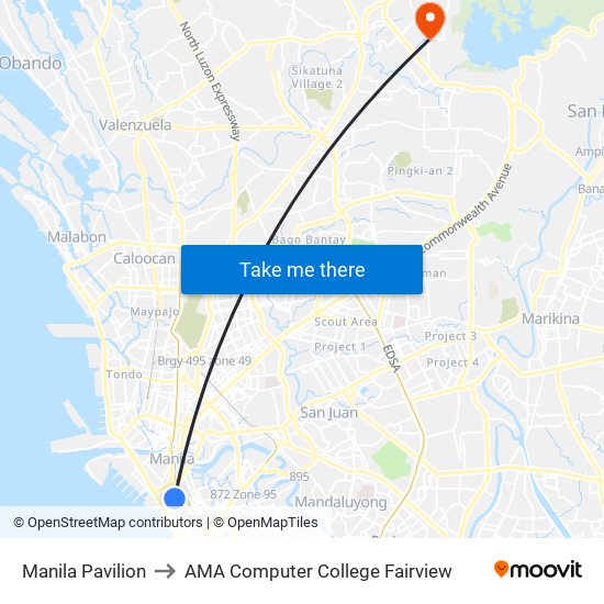 Manila Pavilion to AMA Computer College Fairview map