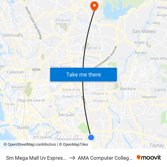 Sm Mega Mall Uv Express Terminal to AMA Computer College Fairview map