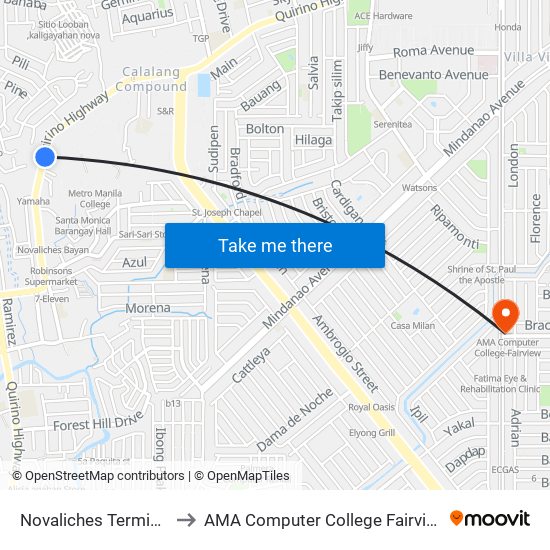Novaliches Terminal to AMA Computer College Fairview map