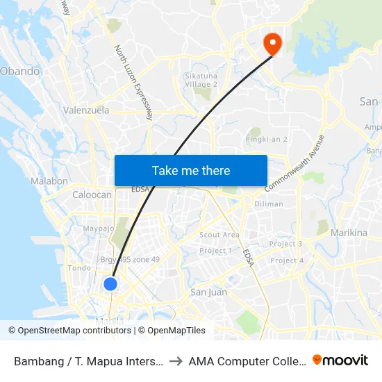 Bambang / T. Mapua Intersection, Manila to AMA Computer College Fairview map