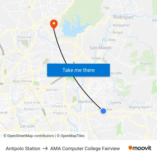 Antipolo Station to AMA Computer College Fairview map