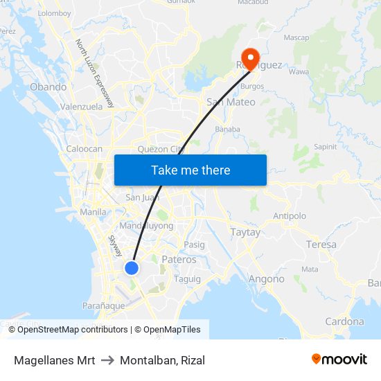 Magellanes Mrt to Montalban, Rizal map