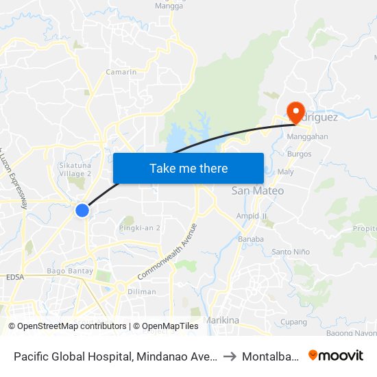 Pacific Global Hospital, Mindanao Avenue, Quezon City to Montalban, Rizal map