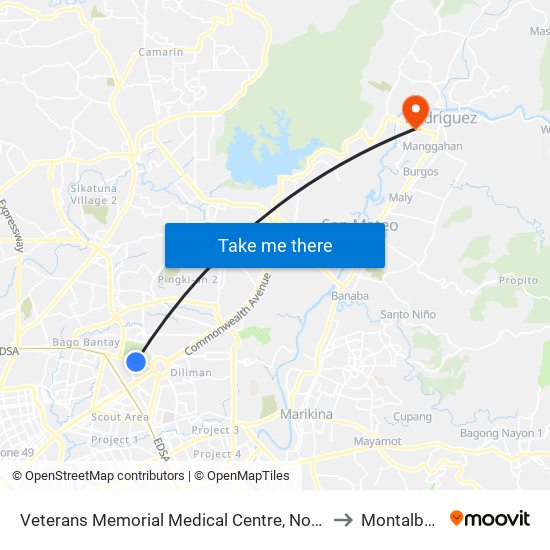 Veterans Memorial Medical Centre, North Avenue, Quezon City to Montalban, Rizal map
