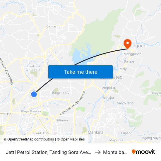 Jetti Petrol Station, Tanding Sora Avenue, Quezon City to Montalban, Rizal map