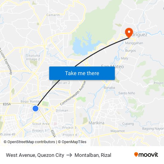 West Avenue, Quezon City to Montalban, Rizal map