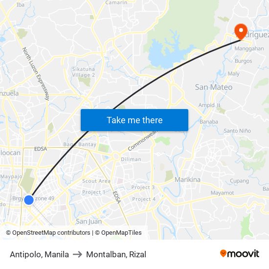 Antipolo, Manila to Montalban, Rizal map