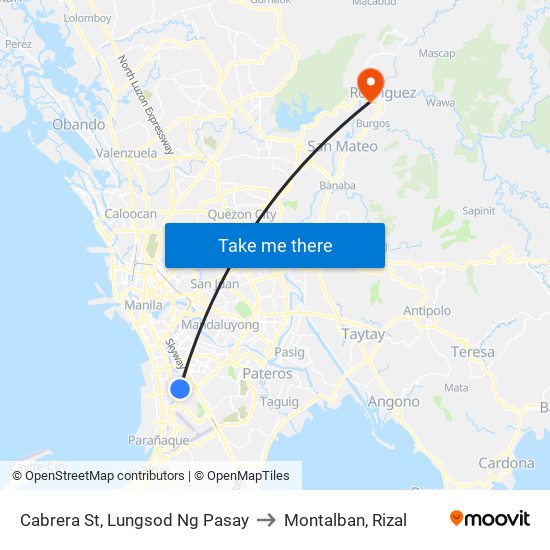 Cabrera St, Lungsod Ng Pasay to Montalban, Rizal map