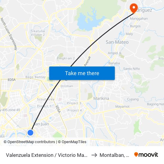 Valenzuela Extension / Victorio Mapa Blvd to Montalban, Rizal map