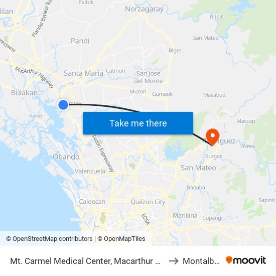 Mt. Carmel Medical Center, Macarthur Highway, Bocaue, Bulacan to Montalban, Rizal map