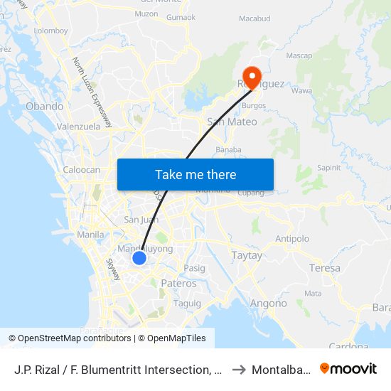 J.P. Rizal / F. Blumentritt Intersection, Mandaluyong City to Montalban, Rizal map