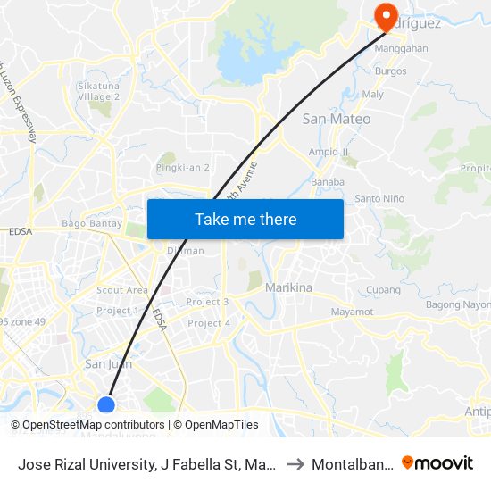 Jose Rizal University, J Fabella St, Mandaluyong City to Montalban, Rizal map