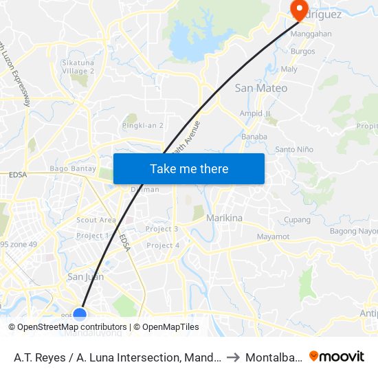 A.T. Reyes / A. Luna Intersection, Mandaluyong City, Manila to Montalban, Rizal map