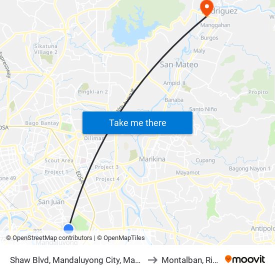 Shaw Blvd, Mandaluyong City, Manila to Montalban, Rizal map