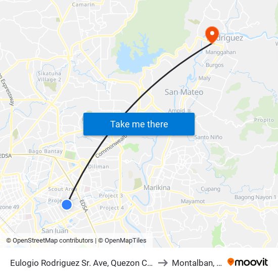 Eulogio Rodriguez Sr. Ave, Quezon City, Manila to Montalban, Rizal map
