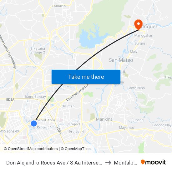 Don Alejandro Roces Ave / S Aa Intersection, Quezon City, Manila to Montalban, Rizal map