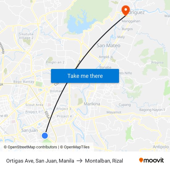 Ortigas Ave, San Juan, Manila to Montalban, Rizal map
