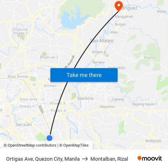 Ortigas Ave, Quezon City, Manila to Montalban, Rizal map