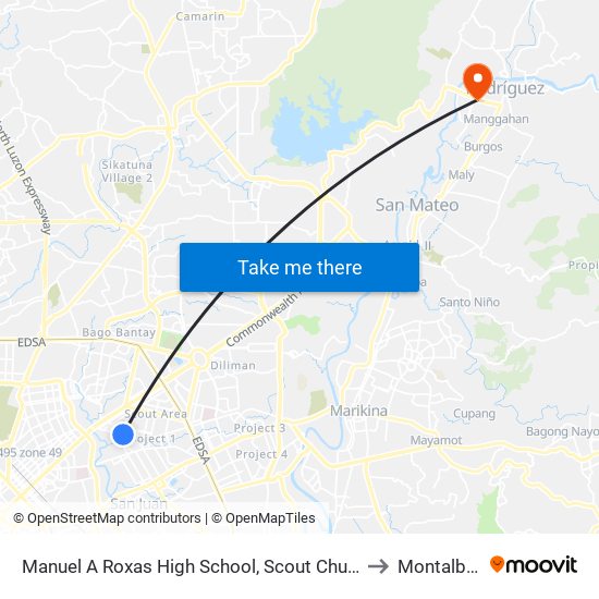 Manuel A Roxas High School, Scout Chuatoco, Quezon City, Manila to Montalban, Rizal map