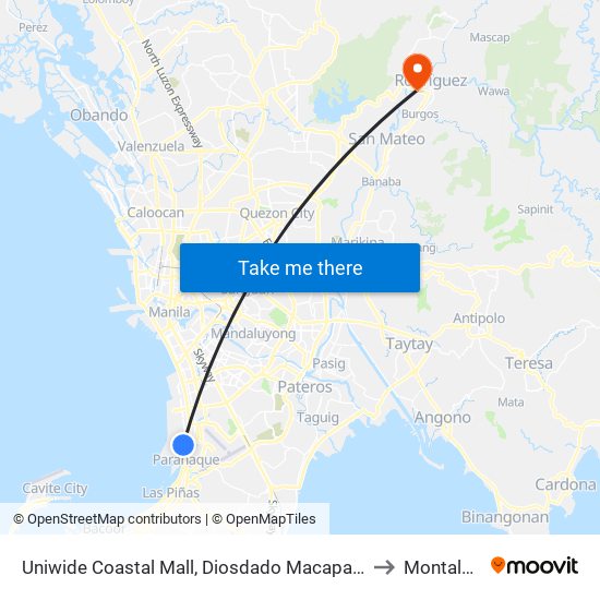 Uniwide Coastal Mall, Diosdado Macapagal Blvd, Parañaque City, Manila to Montalban, Rizal map