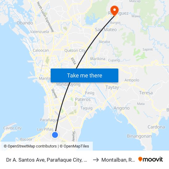 Dr A. Santos Ave, Parañaque City, Manila to Montalban, Rizal map
