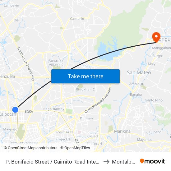 P. Bonifacio Street / Caimito Road Intersection,  Malabon City to Montalban, Rizal map