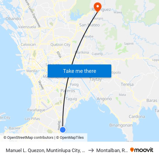 Manuel L. Quezon, Muntinlupa City, Manila to Montalban, Rizal map