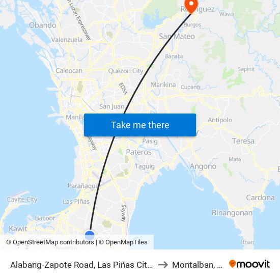 Alabang-Zapote Road, Las Piñas City, Manila to Montalban, Rizal map