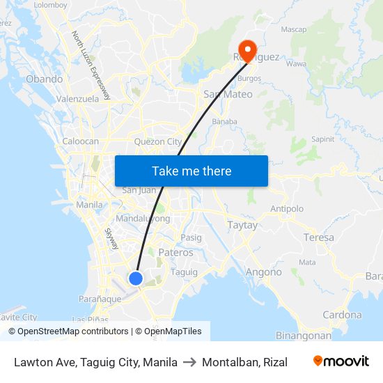 Lawton Ave, Taguig City, Manila to Montalban, Rizal map