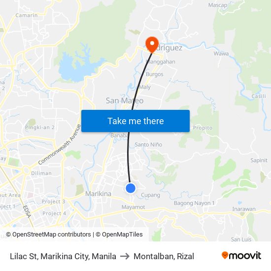 Lilac St, Marikina City, Manila to Montalban, Rizal map