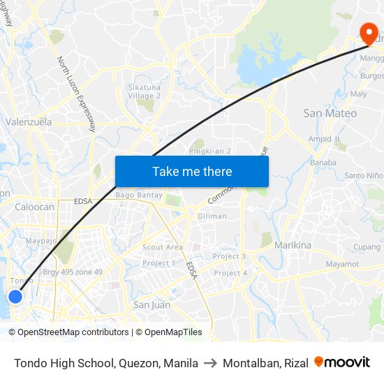 Tondo High School, Quezon, Manila to Montalban, Rizal map