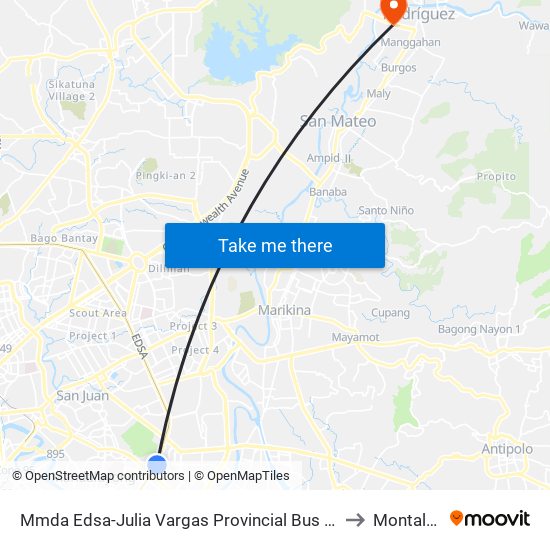 Mmda Edsa-Julia Vargas Provincial Bus Terminal, Mandaluyong City, Manila to Montalban, Rizal map
