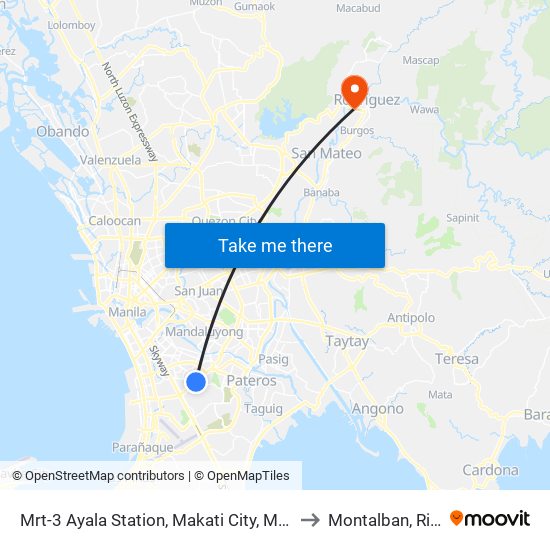 Mrt-3 Ayala Station, Makati City, Manila to Montalban, Rizal map