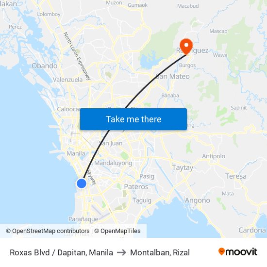Roxas Blvd / Dapitan, Manila to Montalban, Rizal map