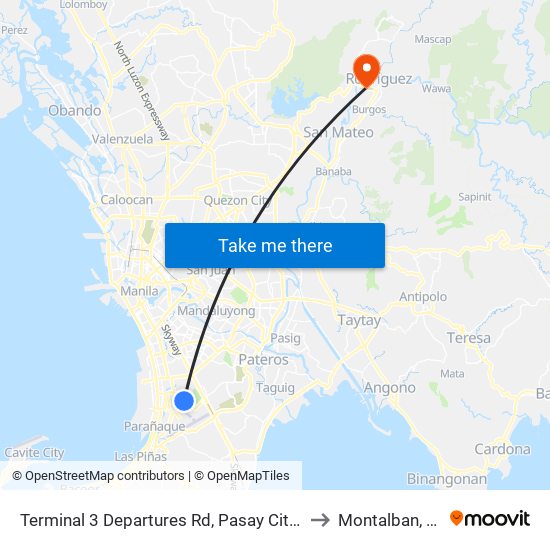 Terminal 3 Departures Rd, Pasay City, Manila to Montalban, Rizal map