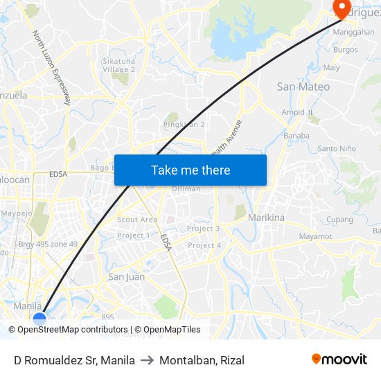 D Romualdez Sr, Manila to Montalban, Rizal map