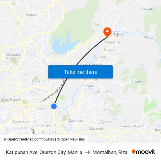 Katipunan Ave, Quezon City, Manila to Montalban, Rizal map