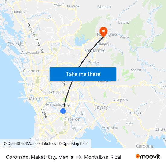 Coronado, Makati City, Manila to Montalban, Rizal map