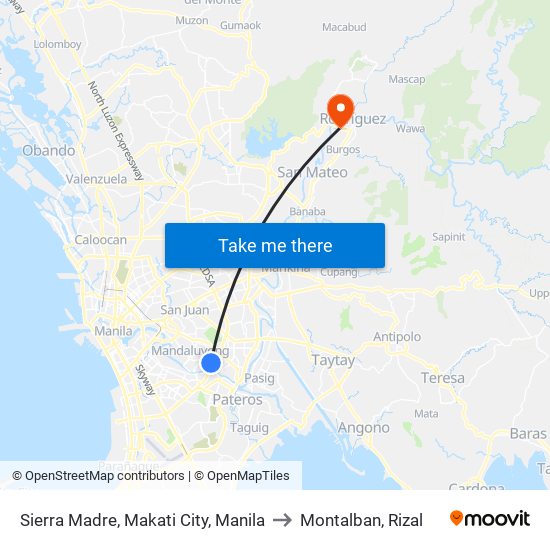 Sierra Madre, Makati City, Manila to Montalban, Rizal map