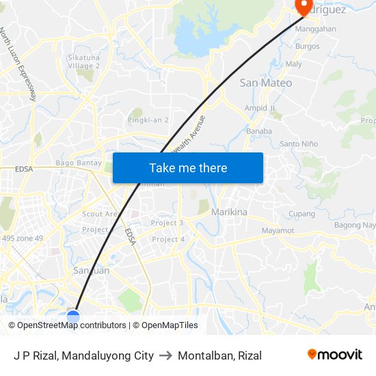 J P Rizal, Mandaluyong City to Montalban, Rizal map