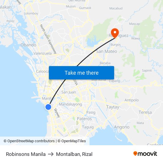 Robinsons Manila to Montalban, Rizal map