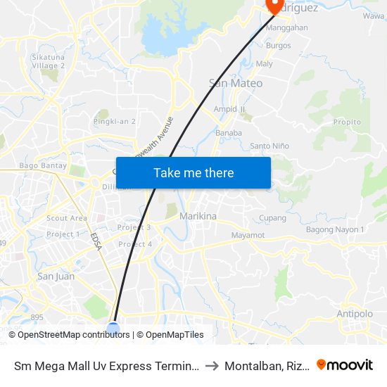 Sm Mega Mall Uv Express Terminal to Montalban, Rizal map