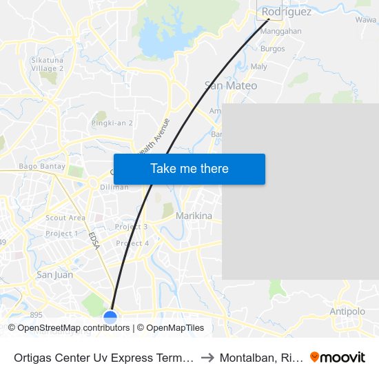 Ortigas Center Uv Express Terminal to Montalban, Rizal map
