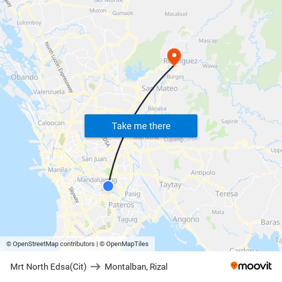 Mrt North Edsa(Cit) to Montalban, Rizal map
