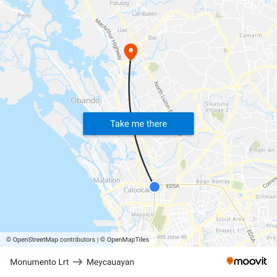 Monumento Lrt to Meycauayan map
